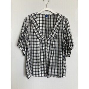 Old Navy Blouse Plaid Check LARGE Ruffle Cotton Puff Sleeve Black White